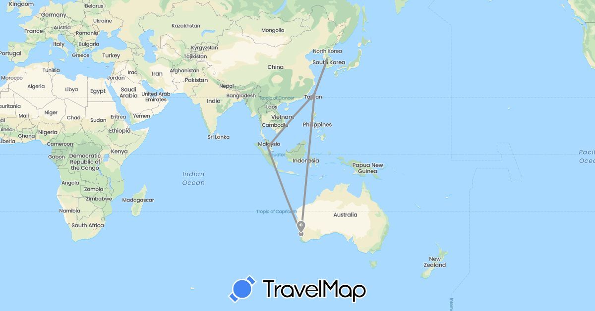 TravelMap itinerary: driving, plane, train in Australia, South Korea, Malaysia, Taiwan (Asia, Oceania)